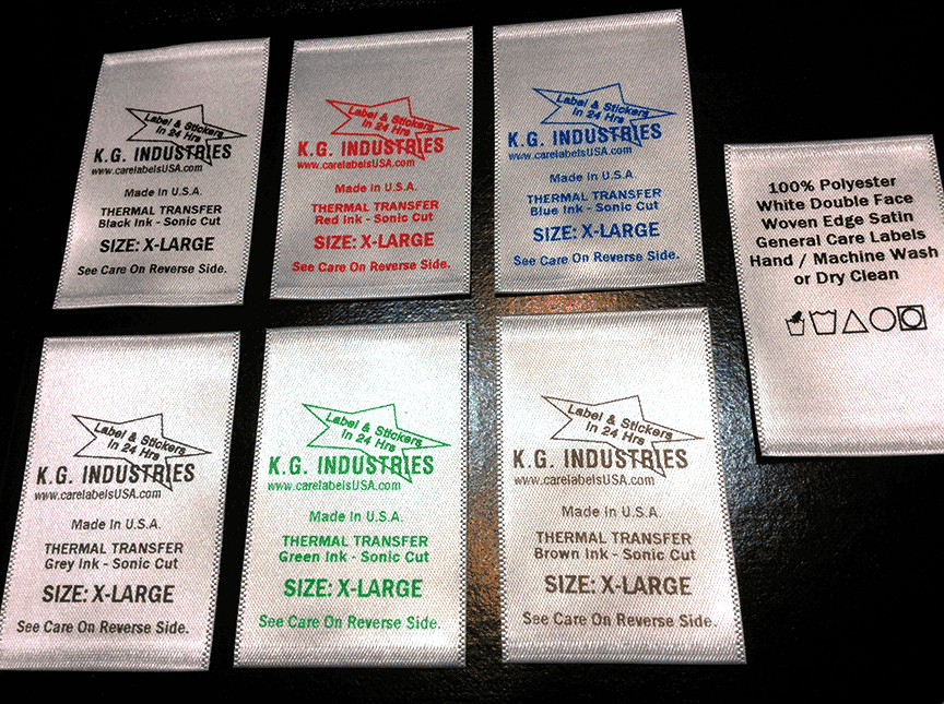 White woven edge double face satin wash care label.  Ribon ink colors black red blue grey gray green and brown. All satin labels are cut with ultrasonic knife for fray-proof soft edges suitable for skin contact.